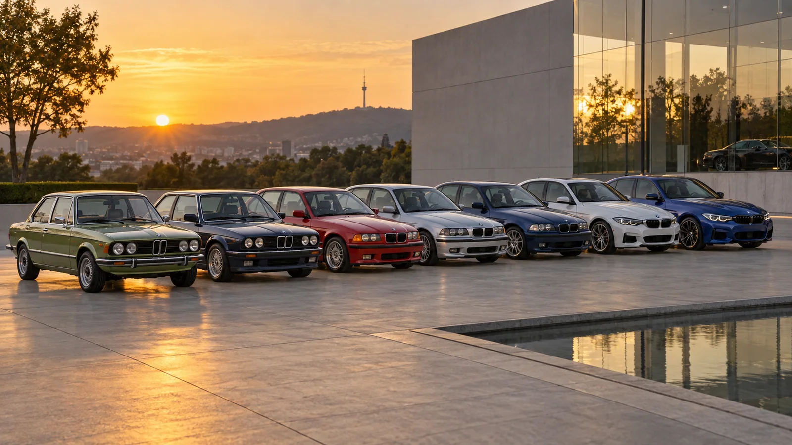 Recreación editorial de siete generaciones del BMW Serie 3 reunidas en orden cronológico
