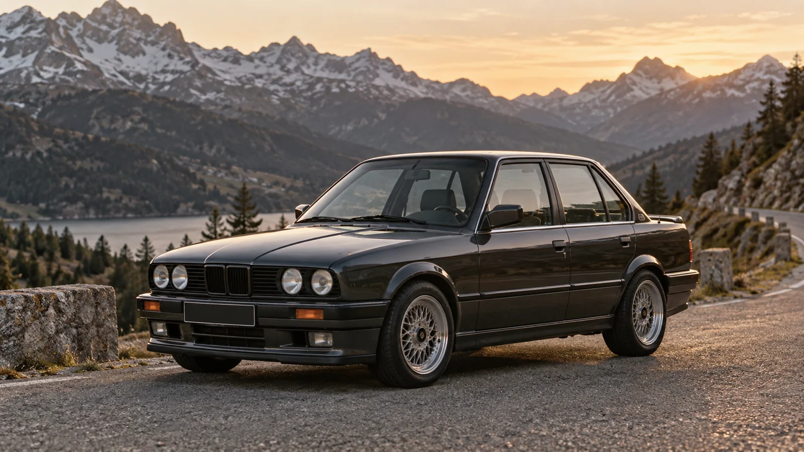 Recreación editorial de un BMW Serie 3 E30 en una carretera de montaña