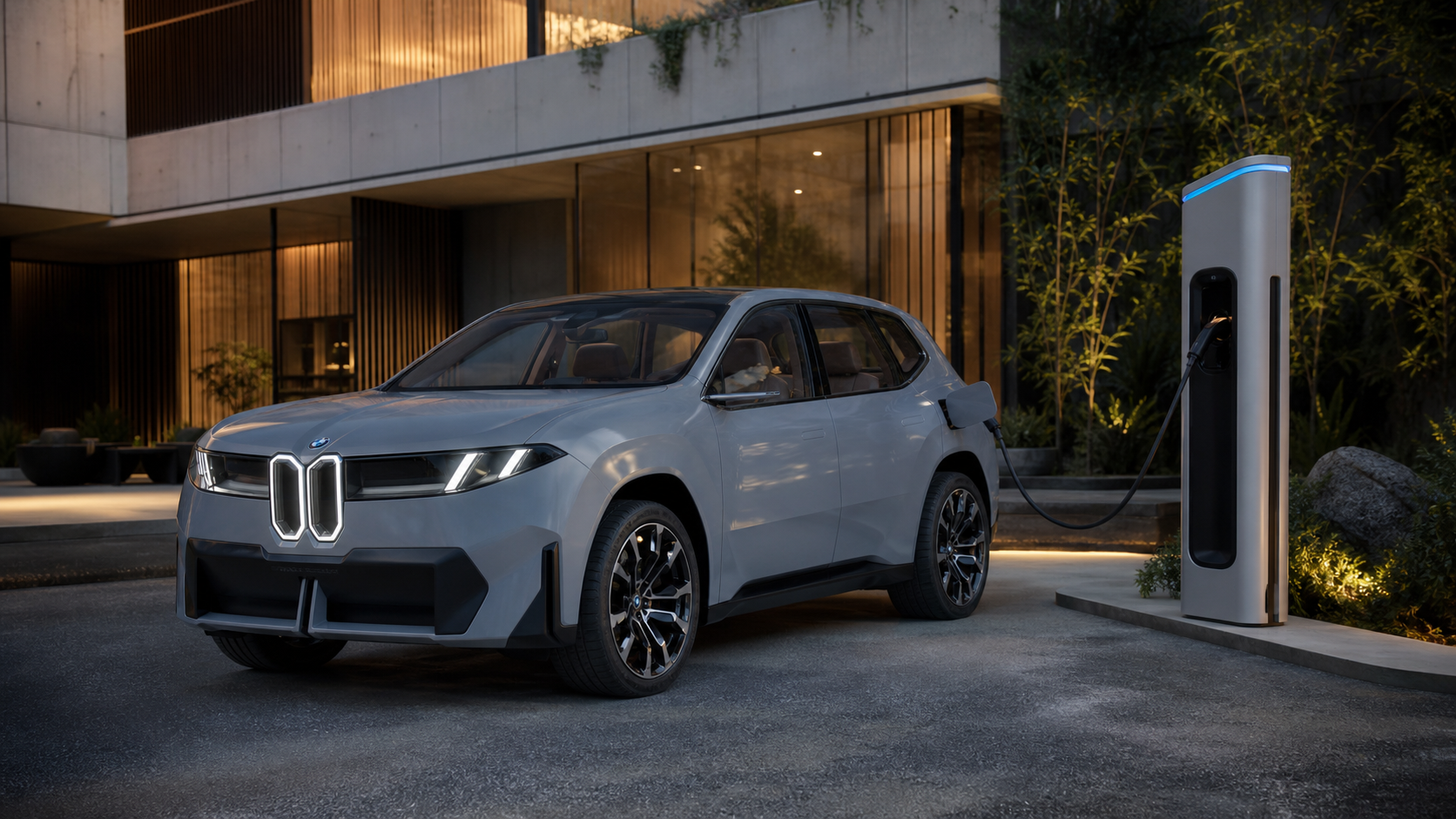 BMW iX3 Neue Klasse plateado conectado a un cargador rápido al anochecer