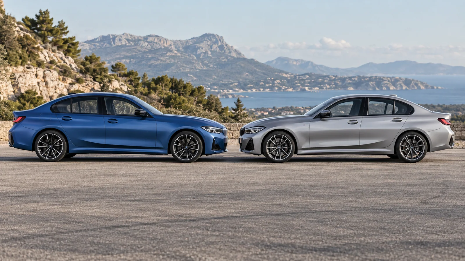 Recreación editorial de un BMW i3 eléctrico y un nuevo Serie 3 de combustión en una pista de pruebas