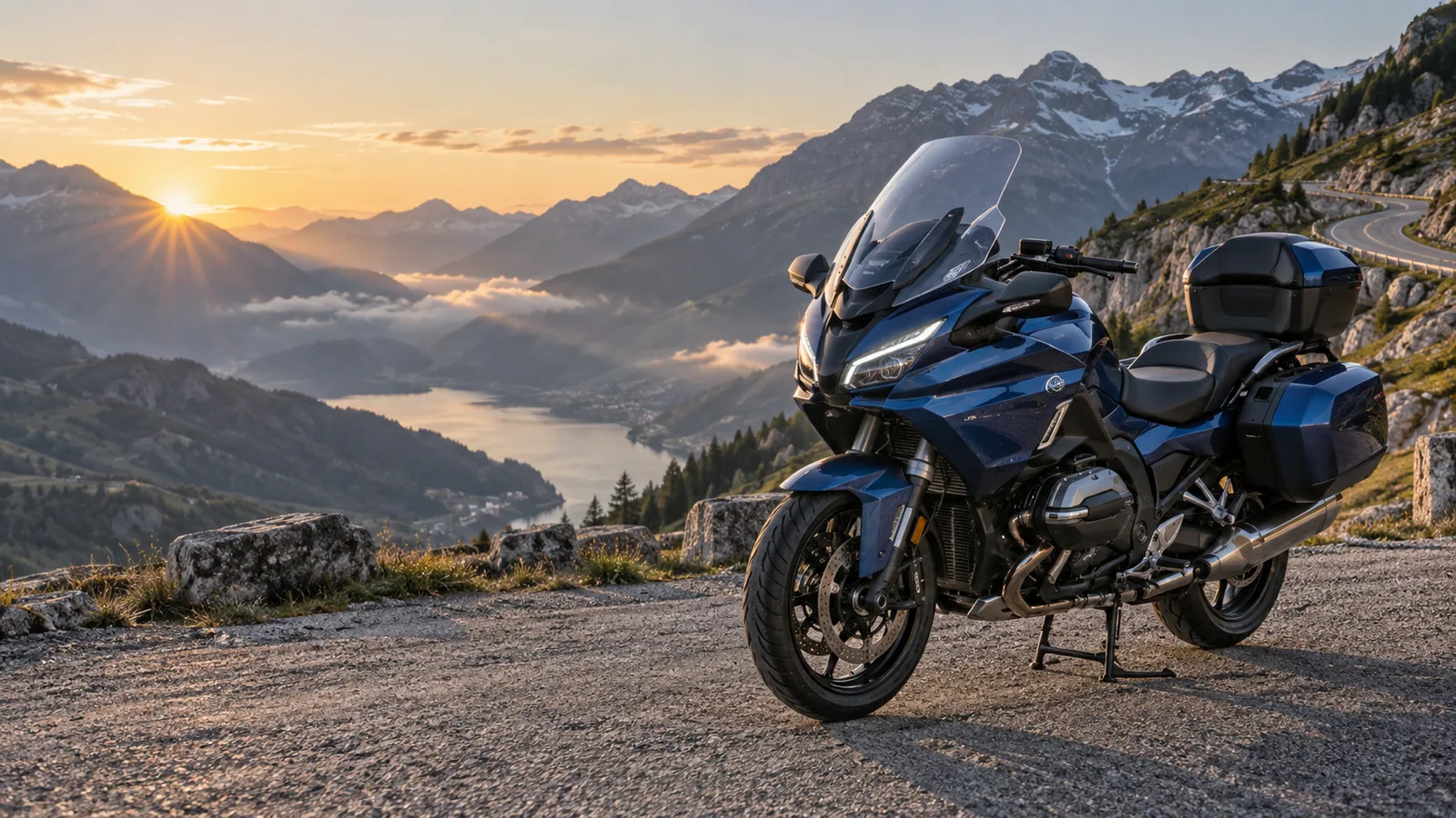 Recreación editorial de una motocicleta de turismo preparada para viajar