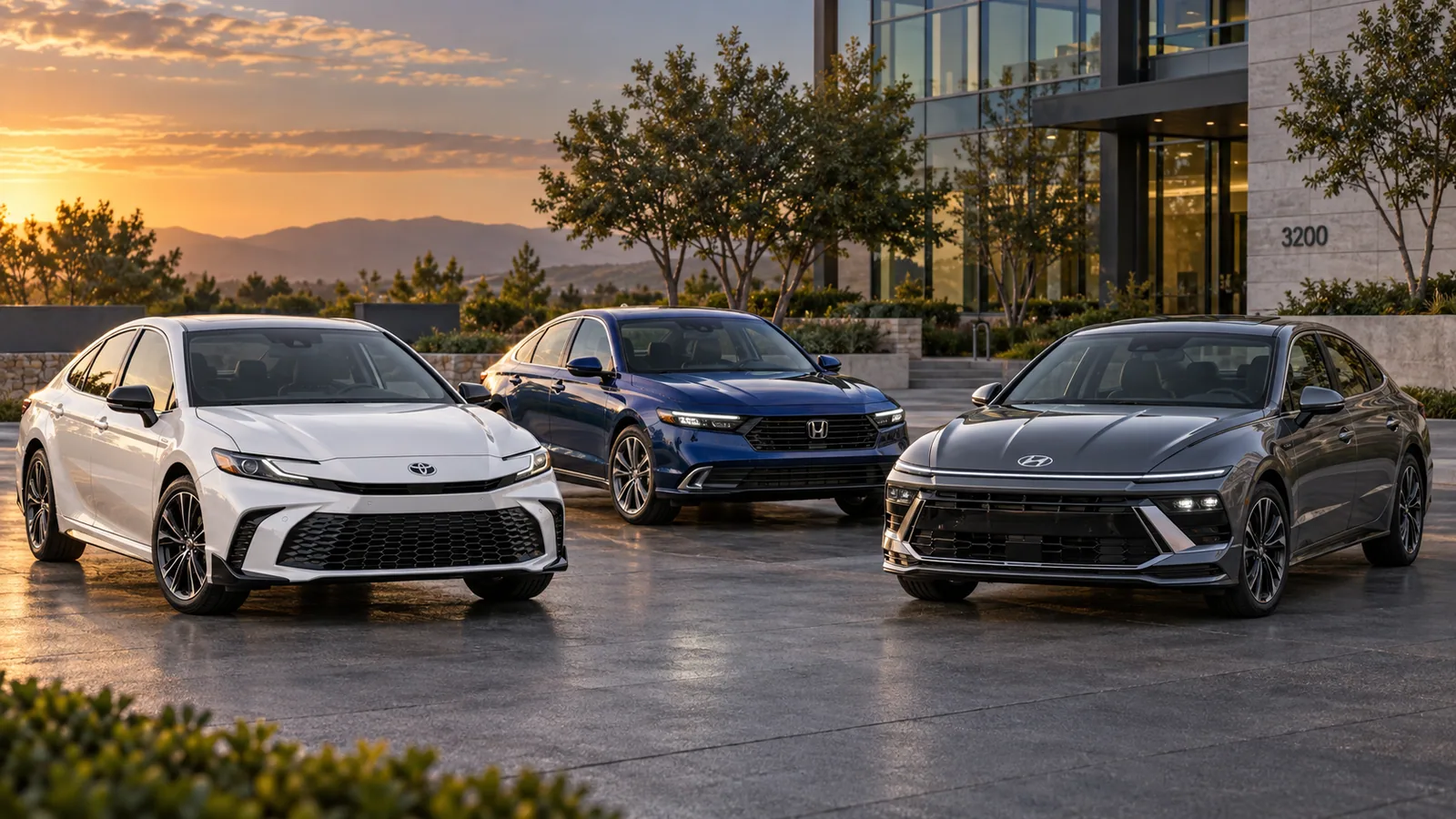 Recreación editorial de Toyota Camry, Honda Accord y Hyundai Sonata Hybrid 2026 alineados al atardecer