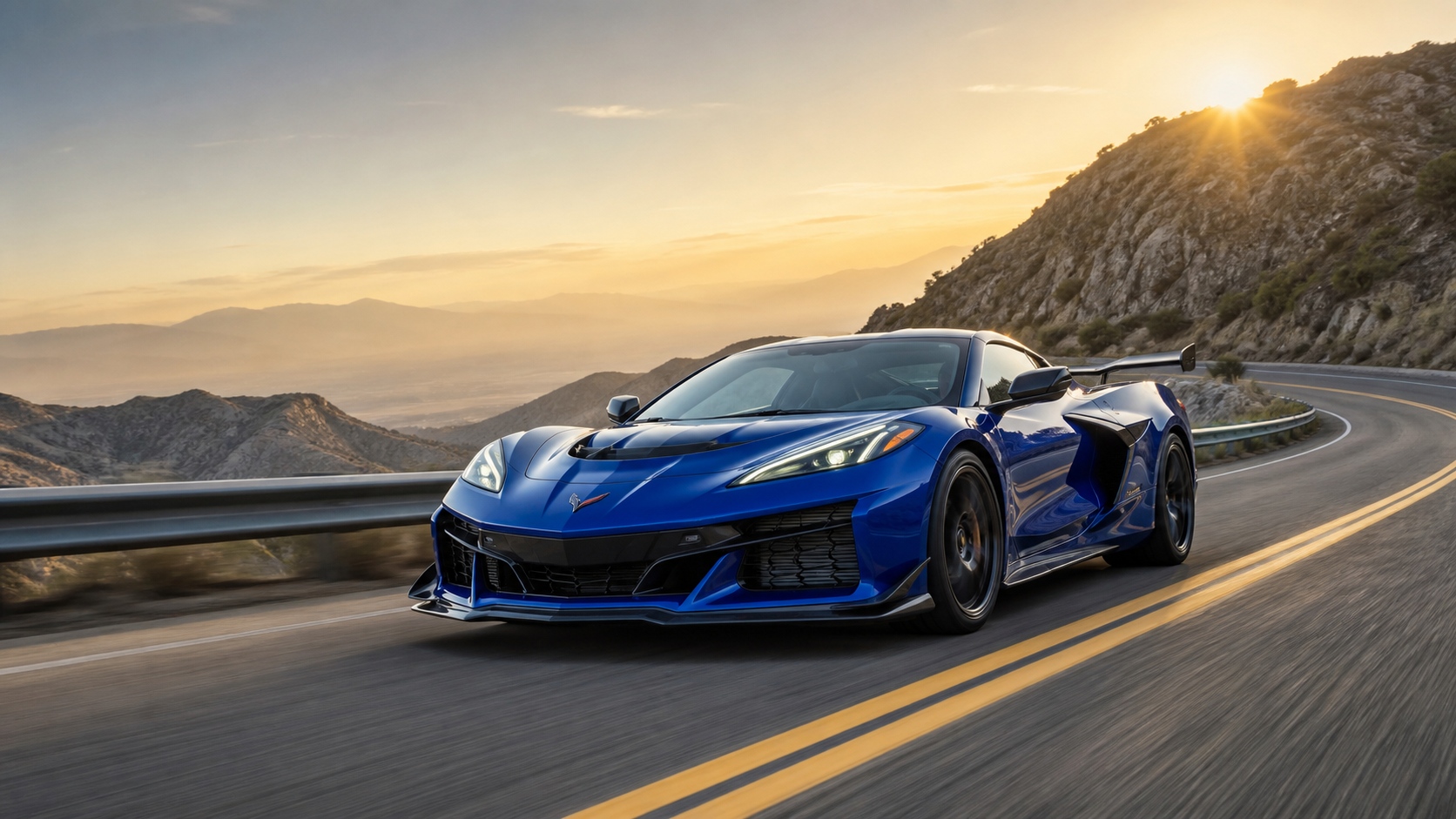 Chevrolet Corvette ZR1X azul recorriendo una carretera de montaña al amanecer