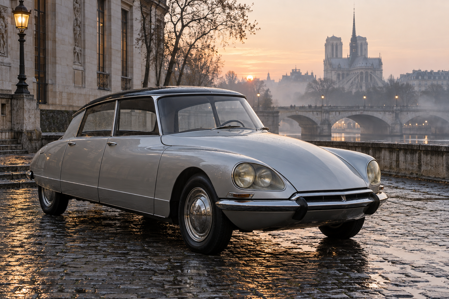 Citroën DS plateado estacionado sobre adoquines húmedos junto al río Sena en París