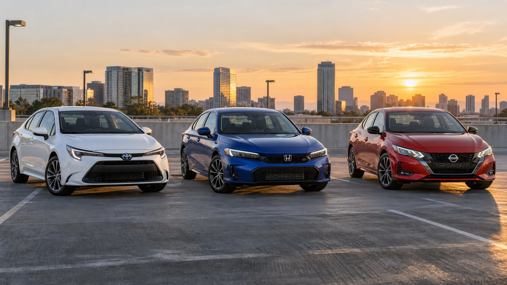 Toyota Corolla blanco, Honda Civic azul y Nissan Sentra rojo 2026 alineados al atardecer