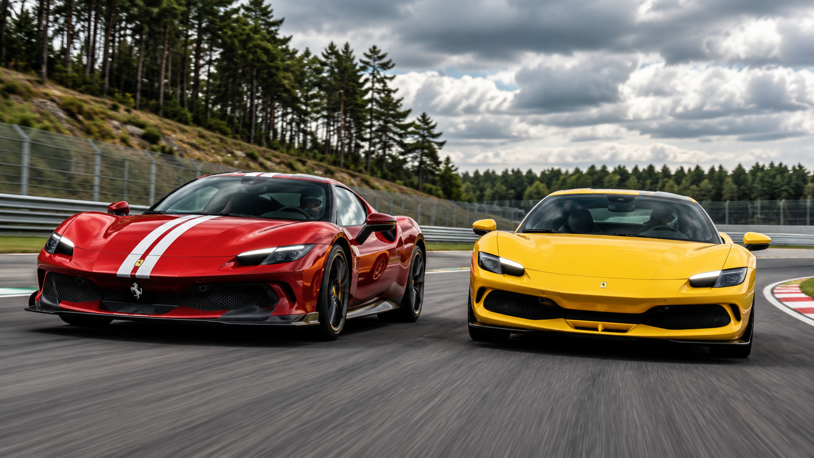 Ferrari 296 Speciale rojo junto a un 296 GTB oscuro en un circuito
