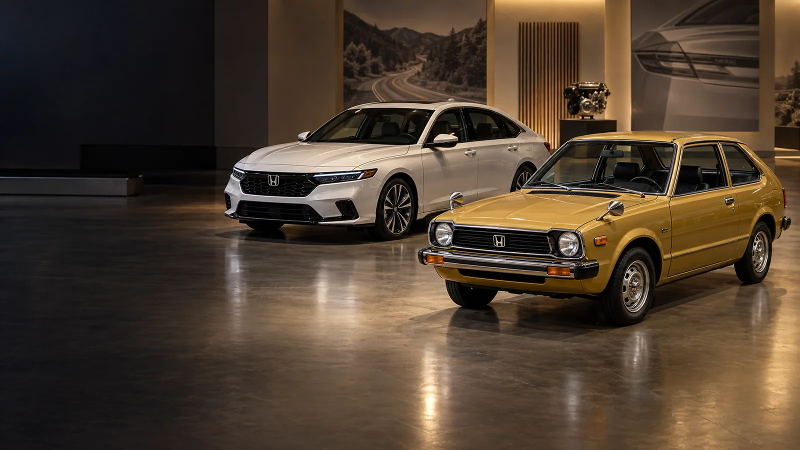 Recreación editorial de un Honda Accord hatchback de 1976 junto a un Accord Hybrid 2026