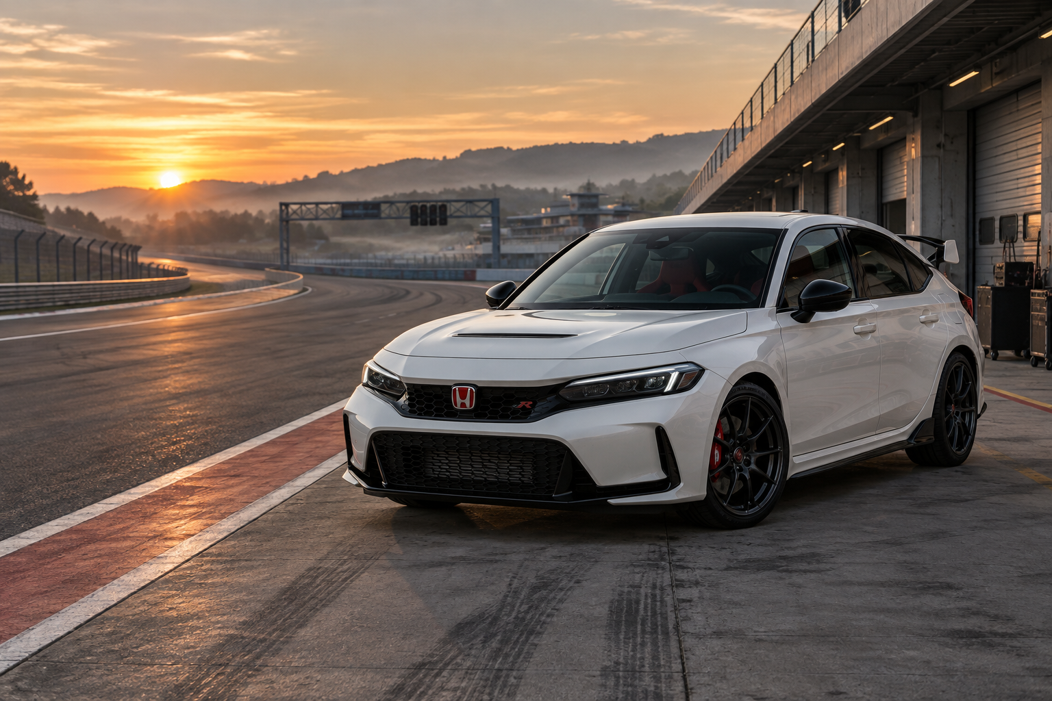 Honda Civic Type R FL5 blanco estacionado en el pit lane de un circuito al amanecer