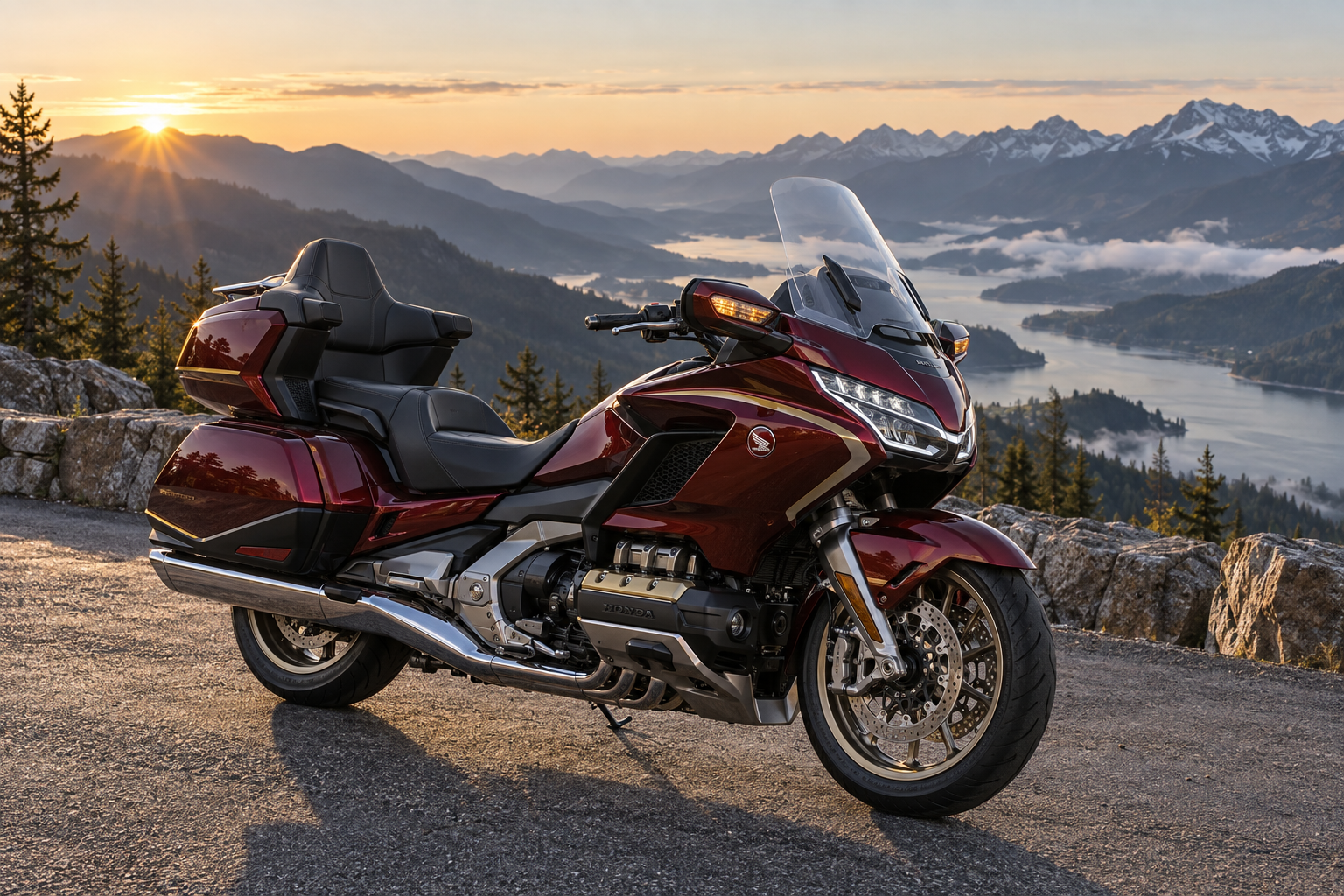 Honda Gold Wing Tour 50th Anniversary roja en un mirador de montaña al amanecer