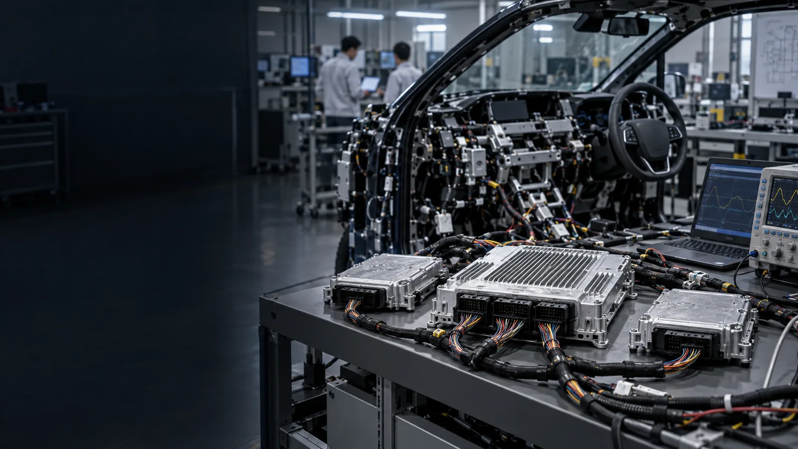 Recreación editorial de ECU automotrices y cableado en un laboratorio de vehículos definidos por software