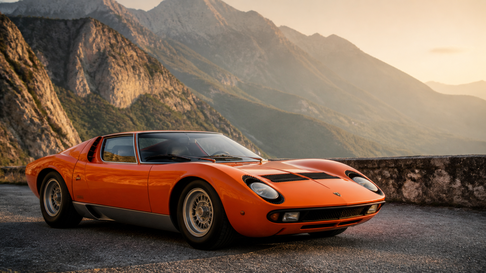 Lamborghini Miura P400 naranja estacionado en una carretera alpina