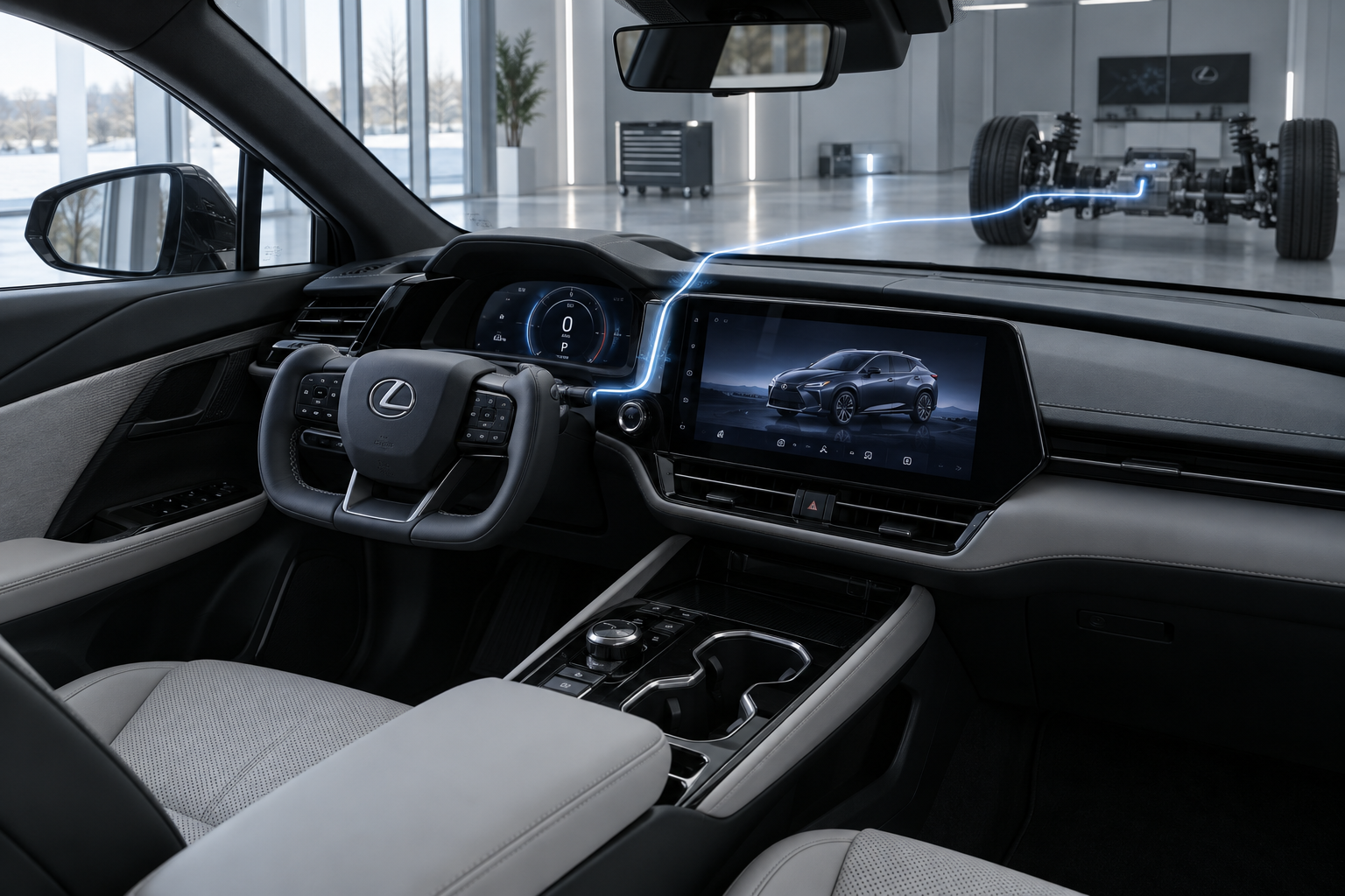 Interior de un Lexus RZ con volante tipo yoke y señal electrónica hacia el eje delantero