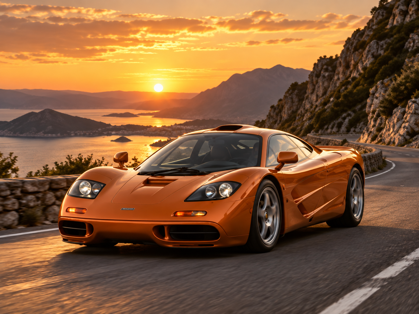 McLaren F1 naranja en un estudio oscuro con la posición de conducción central destacada