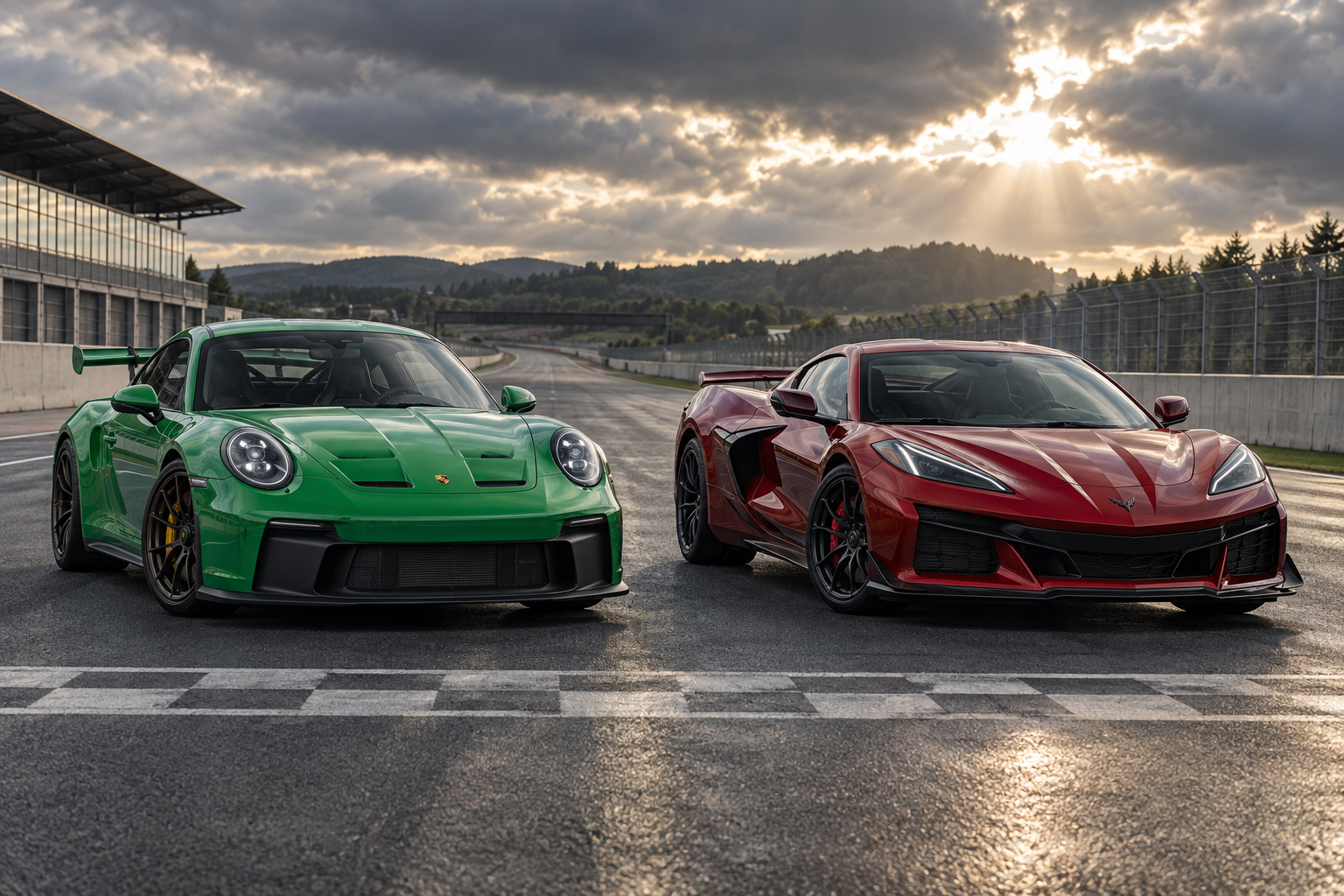 Porsche 911 GT3 verde y Chevrolet Corvette Z06 rojo alineados en la salida de un circuito