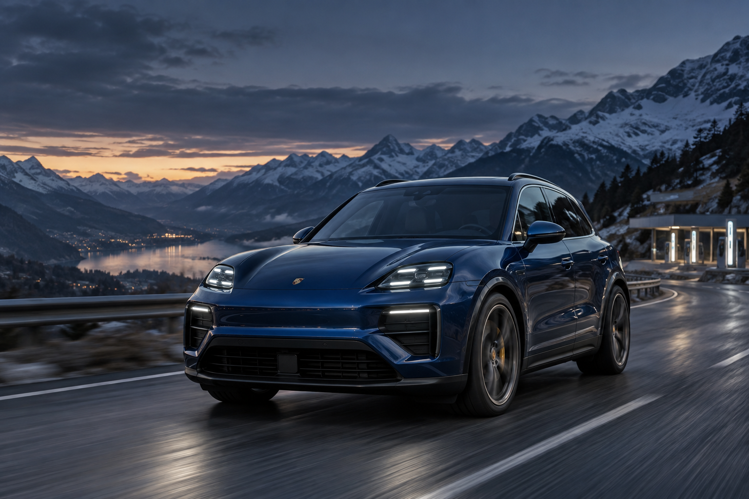 Porsche Cayenne Turbo Electric azul circulando por una carretera alpina al anochecer