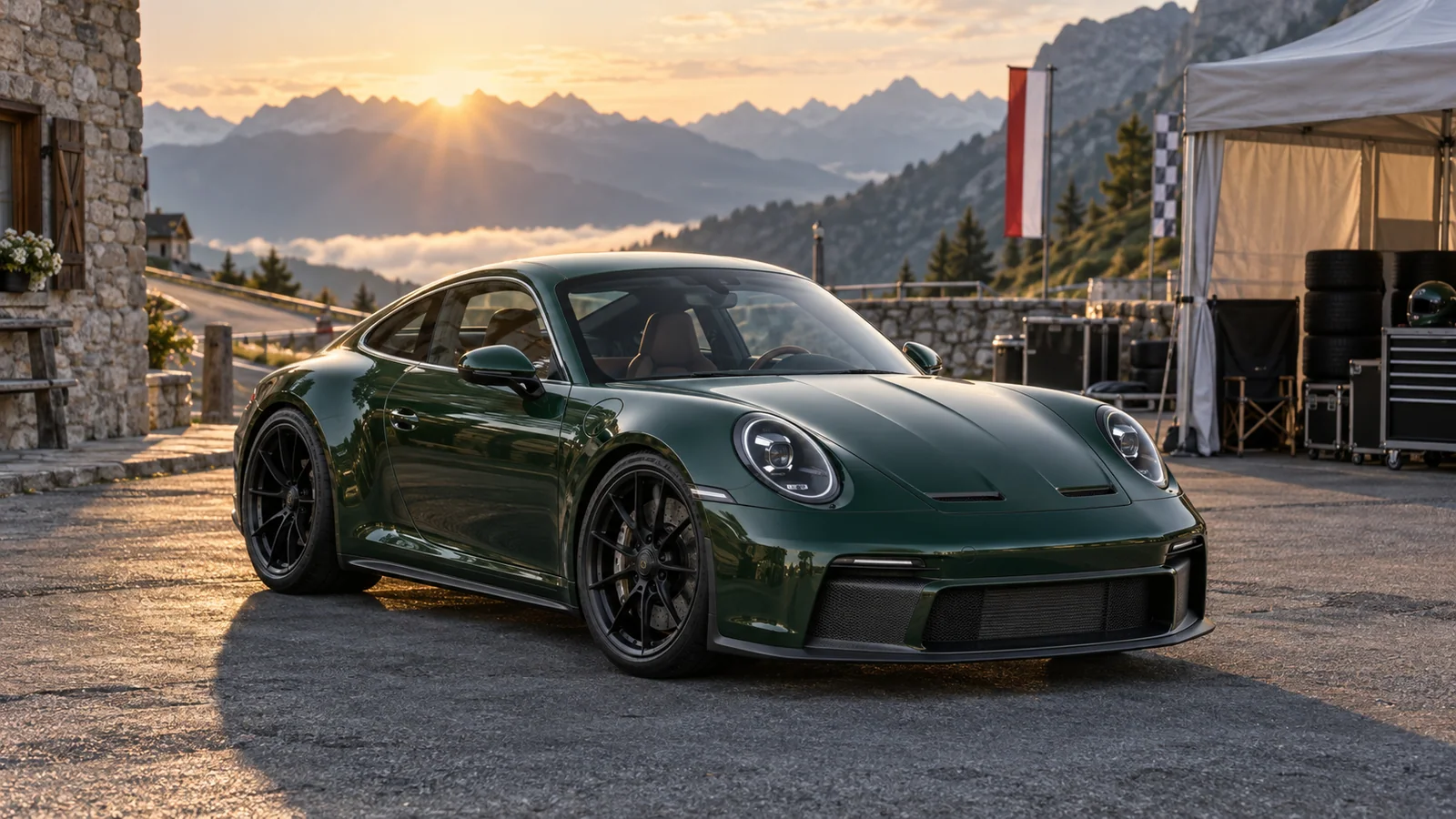 Recreación editorial de un Porsche 911 GT3 Bergsport verde en un paddock alpino al amanecer