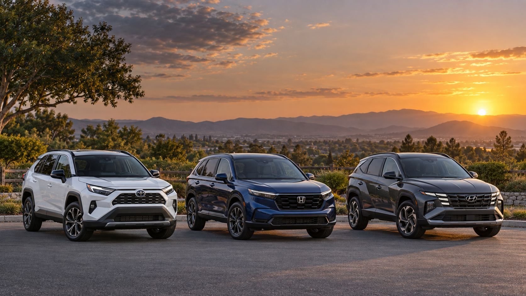 Recreación editorial de Toyota RAV4, Honda CR-V y Hyundai Tucson híbridos alineados al atardecer