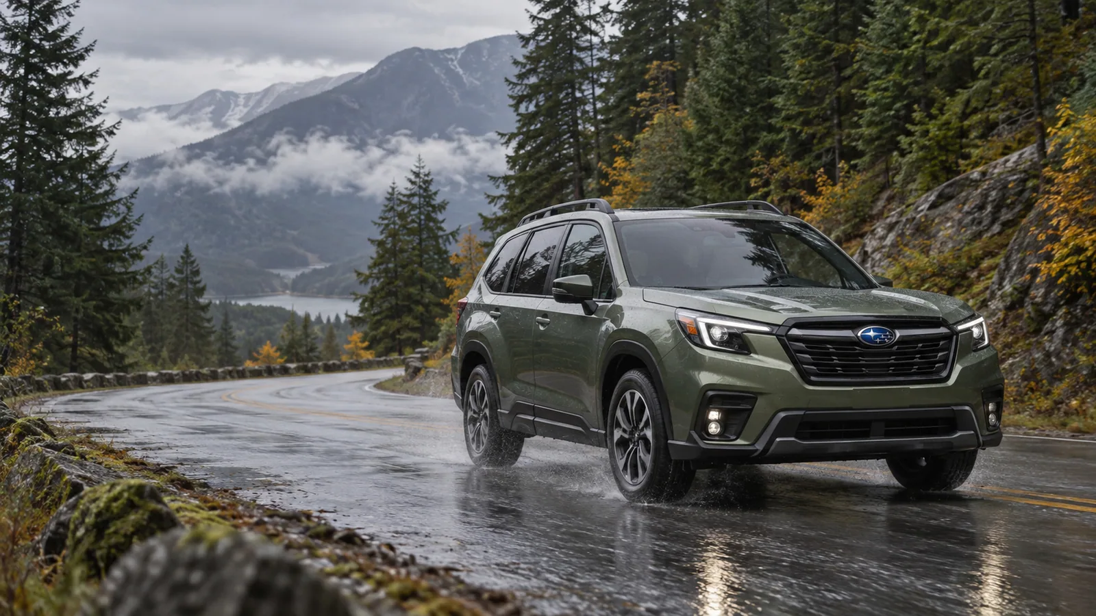 Recreación editorial del Subaru Forester Hybrid 2026 verde sobre una carretera de montaña mojada
