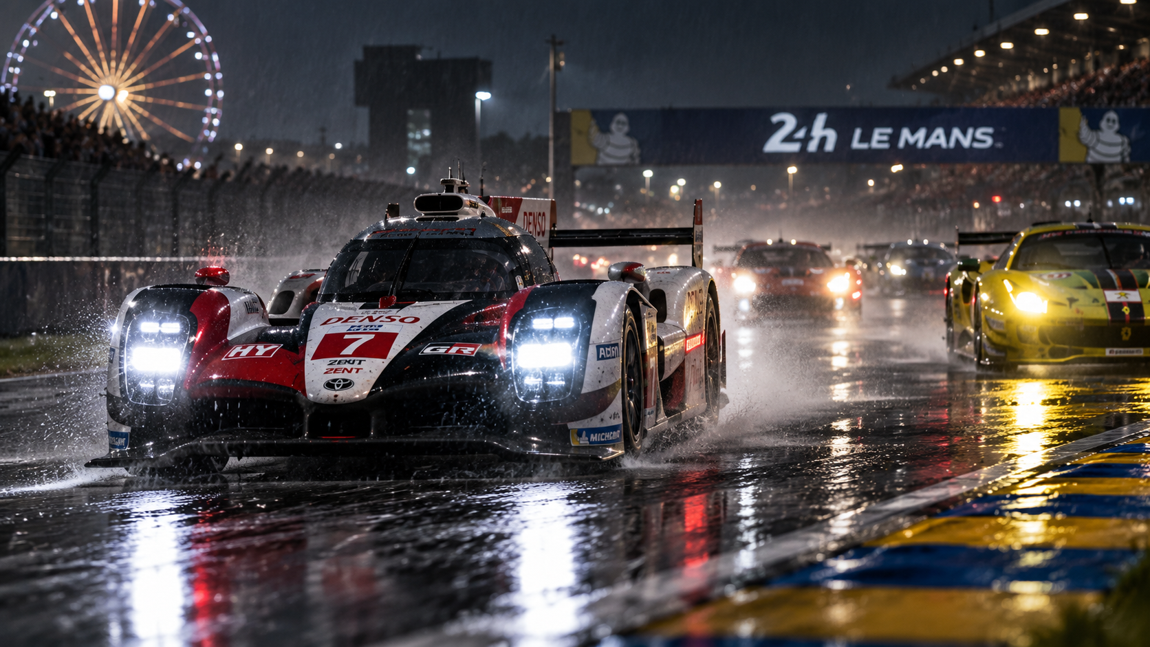 Toyota Hypercar rojo y blanco número 7 compitiendo de noche en Le Mans