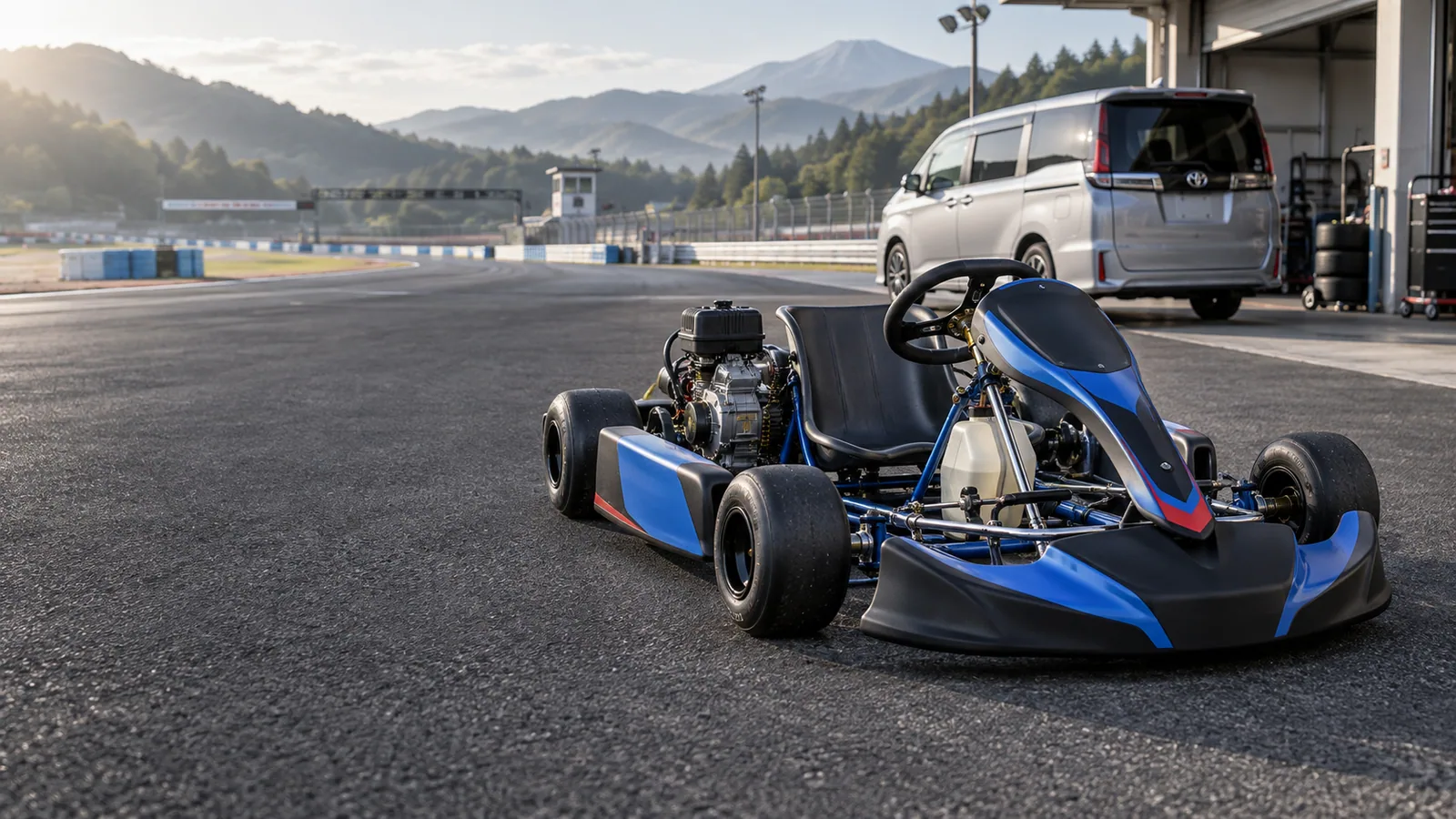 Recreación editorial del Toyota GR KART azul en un circuito con una miniván de transporte al fondo