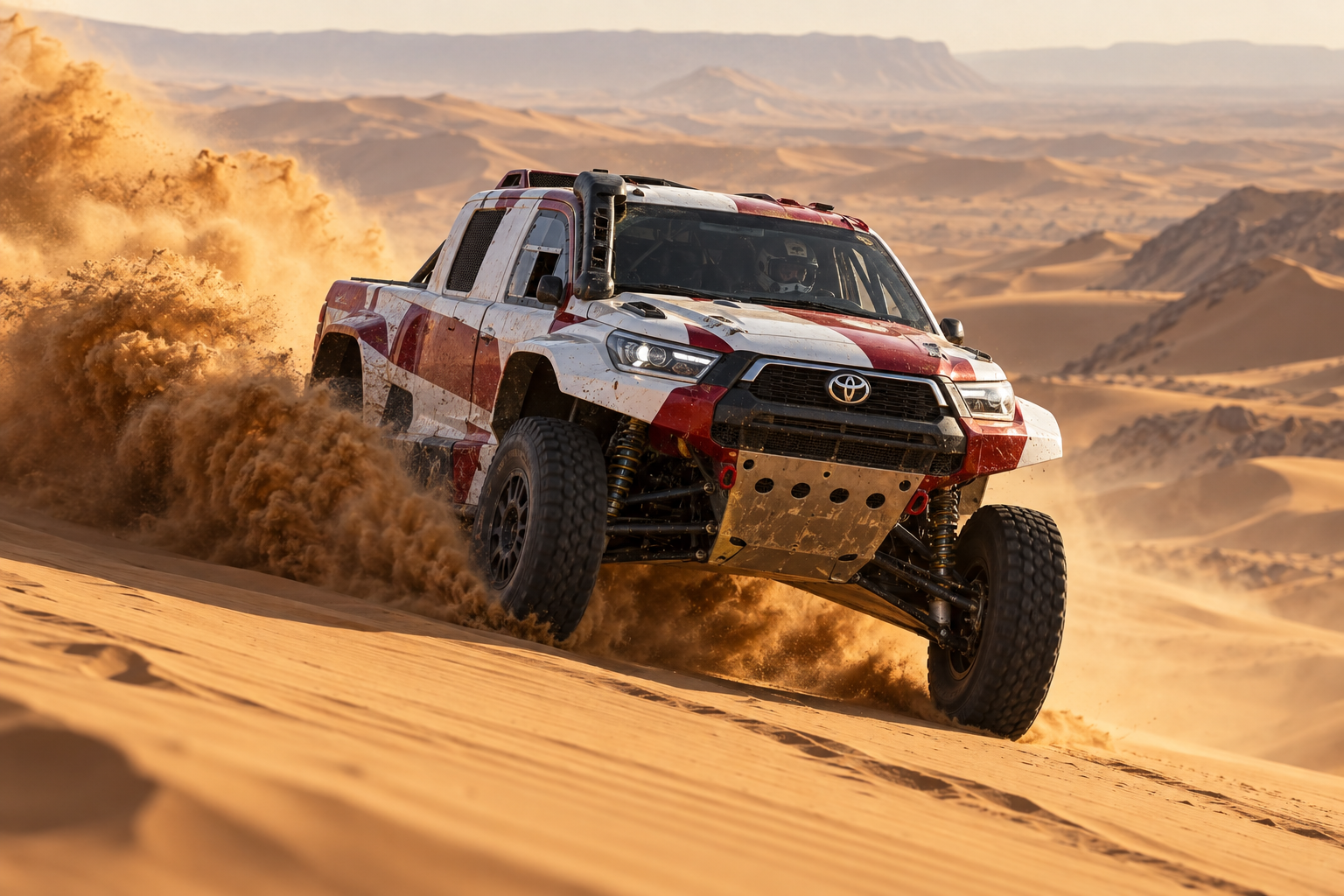 Toyota Hilux de rally raid levantando una nube de arena durante el Dakar en Arabia Saudita