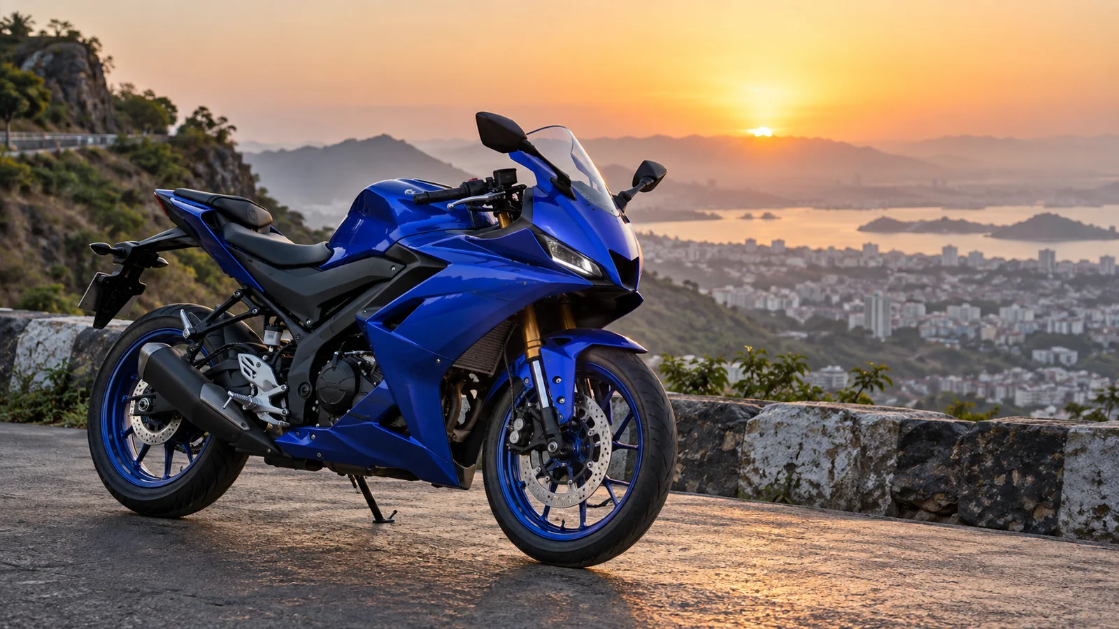 Recreación editorial de una Yamaha YZF-R2 azul en un mirador urbano de India